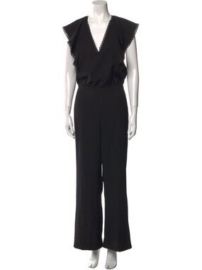 Monique Lhuillier Black Scalloped-Sleeve Wide-Leg Jumpsuit | 8